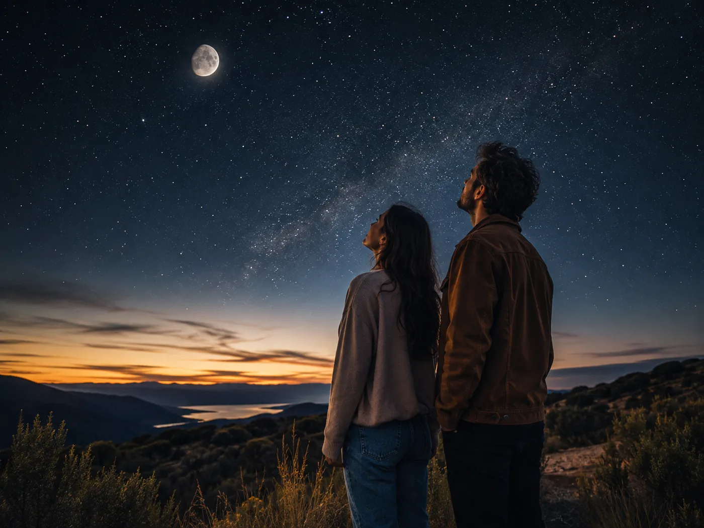 A couple standing side by side on a hillside at dusk, looking up at a crescent moon and the Milky Way over a distant lake