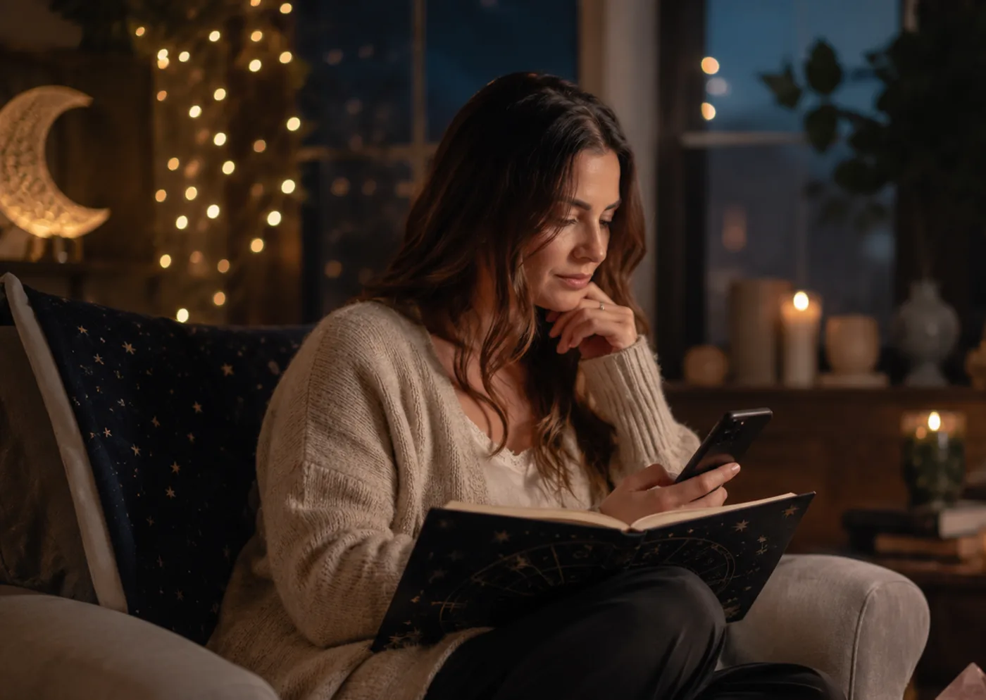 A woman curled up on a sofa by a window at night, reading her birth chart on her phone with a notebook open on her lap