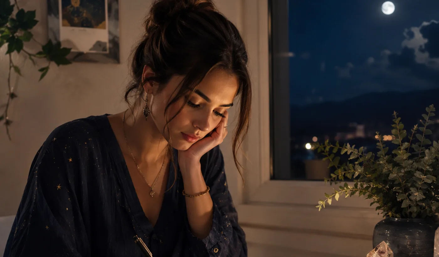 A woman at a desk by a moonlit window, working through her birth chart in an open notebook by candlelight